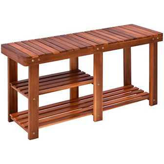 3 tier Acacia Wood Entryway Slatted Shoe Storage Bench Boots Rack Organizer
