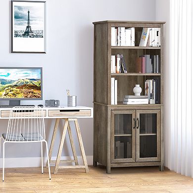 71" Bookcase Storage Hutch Cabinet W/ Adjustable Shelves, Glass Doors, White