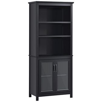 71" Bookcase Storage Hutch Cabinet W/ Adjustable Shelves, Glass Doors, White