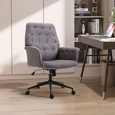 Vinsetto Modern Mid Back Tufted Velvet Fabric Home Office Desk Chair with Adjustable Height Swivel Task Chair with Padded Armrests Light Grey