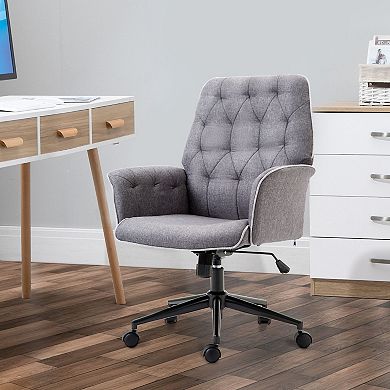 Vinsetto Modern Mid Back Tufted Velvet Fabric Home Office Desk Chair with Adjustable Height Swivel Task Chair with Padded Armrests Light Grey