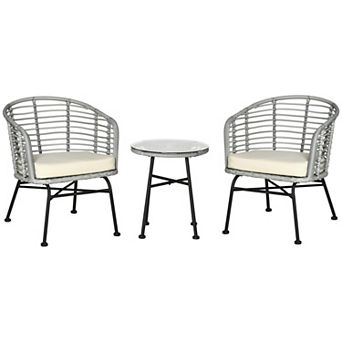 3 pc Rattan Bistro Outdoor Table & Chairs Furniture Patio Set, Garden, Grey