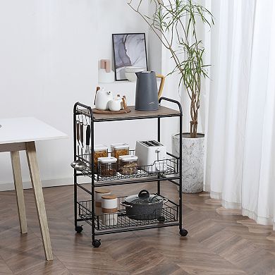 HOMCOM 24" 3 Tier Rolling Kitchen Cart Utility Storage Trolley with 2 Basket Drawers Side Hooks for Dining Room Walnut Wood Tone