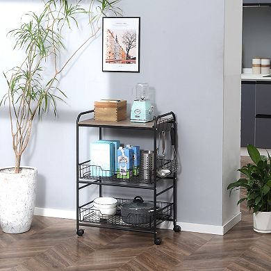 HOMCOM 24" 3 Tier Rolling Kitchen Cart Utility Storage Trolley with 2 Basket Drawers Side Hooks for Dining Room Walnut Wood Tone