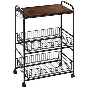 HOMCOM 24" 3 tier Rolling Kitchen Cart Utility Storage Trolley with 2 Basket Drawers Side Hooks for Dining Room Walnut Wood Tone