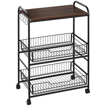 HOMCOM 24" 3 tier Rolling Kitchen Cart Utility Storage Trolley with 2 Basket Drawers Side Hooks for Dining Room Walnut Wood Tone