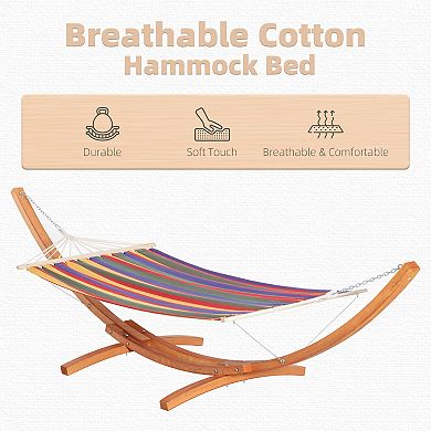 Outsunny Wide Outdoor Arch Wooden Hammock Bed with Stand featuring Modern Design Aesthetic and Water Fighting Material Multi color Stripe