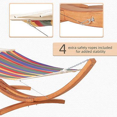 Outsunny Wide Outdoor Arch Wooden Hammock Bed with Stand featuring Modern Design Aesthetic and Water Fighting Material Multi color Stripe