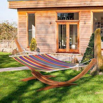 Outsunny Wide Outdoor Arch Wooden Hammock Bed with Stand featuring Modern Design Aesthetic and Water Fighting Material Multi color Stripe