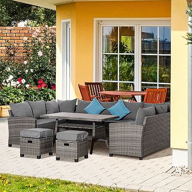 Outsunny 6 Pieces Patio Wicker Sofa Set Outdoor All Weather PE Rattan Ample Seating Room Conservatory Furniture w/ Strip Wood Grain Plastic Coffee Table and Cushions for Lawn Garden Grey Mixed Grey
