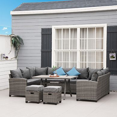 Outsunny 6 Pieces Patio Wicker Sofa Set Outdoor All Weather PE Rattan Ample Seating Room Conservatory Furniture w/ Strip Wood Grain Plastic Coffee Table and Cushions for Lawn Garden Grey Mixed Grey
