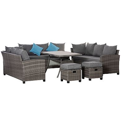 Outsunny 6 Pieces Patio Wicker Sofa Set Outdoor All Weather PE Rattan Ample Seating Room Conservatory Furniture w/ Strip Wood Grain Plastic Coffee Table and Cushions for Lawn Garden Grey Mixed Grey