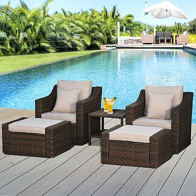 5-pc Backyard & Deck Sitting Set W/ 2 Chairs, 2 Ottomans, & Coffee Table, Beige