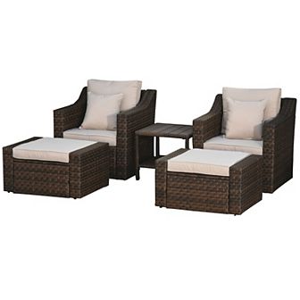 Outsunny 5 pc Patio Furniture Set, Chairs, Ottoman, Coffee Table