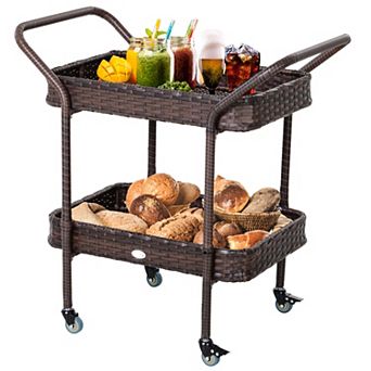 Outsunny Rattan Wicker Serving Cart with 2 tier Open Shelf Outdoor Wheeled Bar Cart with Brakes for Poolside Garden Patio