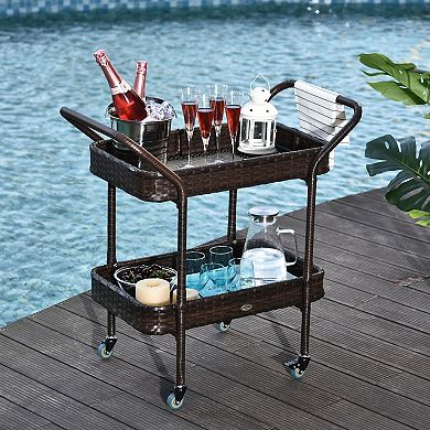 Outsunny Rattan Wicker Serving Cart with 2 Tier Open Shelf Outdoor Wheeled Bar Cart with Brakes for Poolside Garden Patio