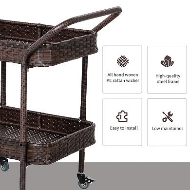 Rattan Kitchen Trolley feat 2 Sunk Surfaces, Perfect for Drinks, Food, & Storage