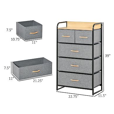 HOMCOM 5 Drawer Fabric Dresser Tower 4 Tier Storage Organizer with Steel Frame for Hallway Bedroom and Closet  Grey