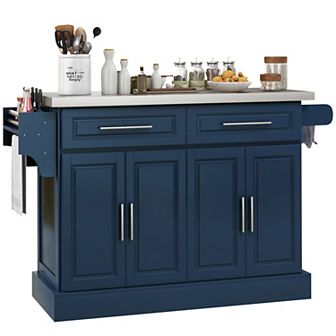 HOMCOM Rolling Kitchen Island with Cabinets and Drawers, Teal Blue