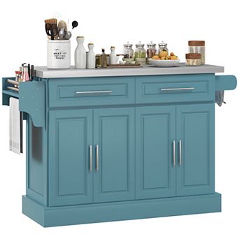 HOMCOM Rolling Kitchen Island with Cabinets and Drawers, Teal Blue