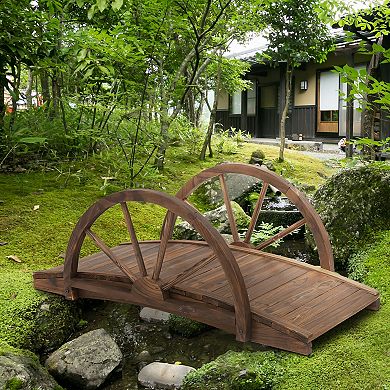 3.3ft Wooden Garden Bridge Arc Stained Finish Walkway With Half Wheeled Railings
