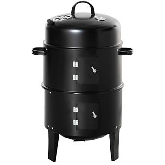 Outsunny Vertical Charcoal BBQ Smoker 3 in 1 16" Round Charcoal Barbecue Grill with 2 Cooking Area Thermometer for Outdoor Camping Picnic Cooking