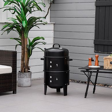 Outsunny Vertical Charcoal BBQ Smoker 3 in 1 16" Round Charcoal Barbecue Grill with 2 Cooking Area Thermometer for Outdoor Camping Picnic Cooking