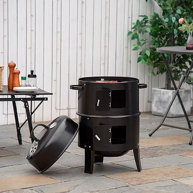 Outsunny Vertical Charcoal BBQ Smoker 3 in 1 16" Round Charcoal Barbecue Grill with 2 Cooking Area Thermometer for Outdoor Camping Picnic Cooking