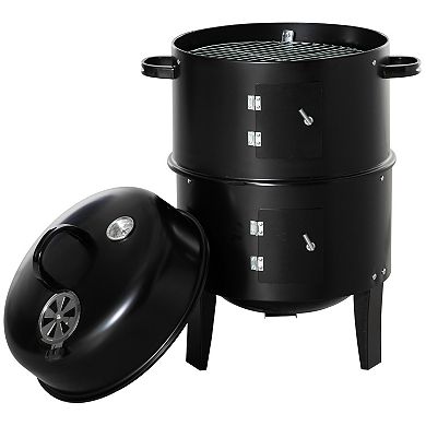 Outsunny Vertical Charcoal BBQ Smoker 3 in 1 16" Round Charcoal Barbecue Grill with 2 Cooking Area Thermometer for Outdoor Camping Picnic Cooking