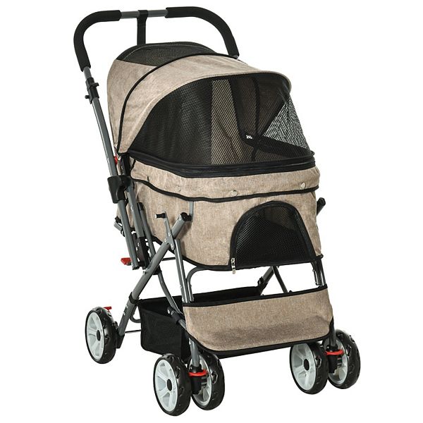 PawHut Travel Pet Stroller One-Click Fold Jogger Pushchair with Swivel Wheels, Brakes, Basket Storage, Safety Belts, Canopy, Brown