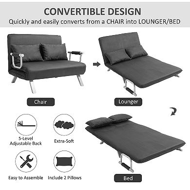 HOMCOM Convertible Sofa Bed Sleeper Chair 5 Position Adjustable Backrest Armchair Sleeper with Pillows Leisure Chaise Lounge Couch Grey