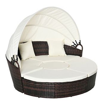 Outsunny Rattan Daybed Patio Furniture Set w/ Adjustable Canopy, Cream