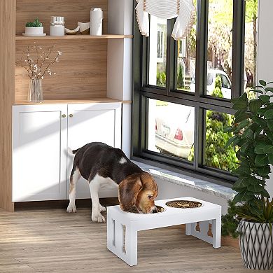PawHut 23" Modern Decorative Dog Bone Wooden Heavy Duty Pet Food Bowl Elevated Feeding Station Black