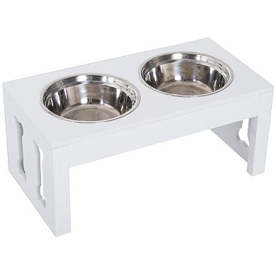 PawHut 23" Modern Decorative Dog Bone Wooden Heavy Duty Pet Food Bowl Elevated Feeding Station Black