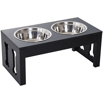PawHut 23" Modern Decorative Dog Bone Wooden Heavy Duty Pet Food Bowl Elevated Feeding Station  Black