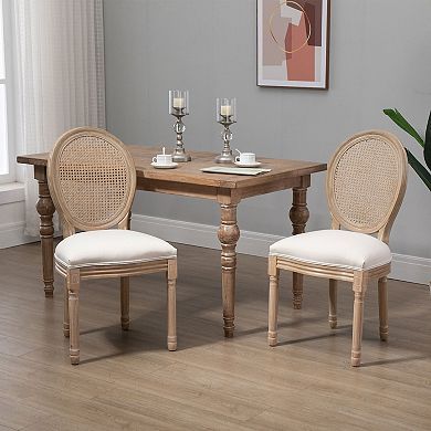 2pc French-style Dining Accent Side Chairs Set W/ Rattan Back & Wood Legs Cream