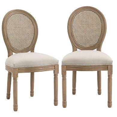 2pc French-style Dining Accent Side Chairs Set W/ Rattan Back & Wood Legs Cream