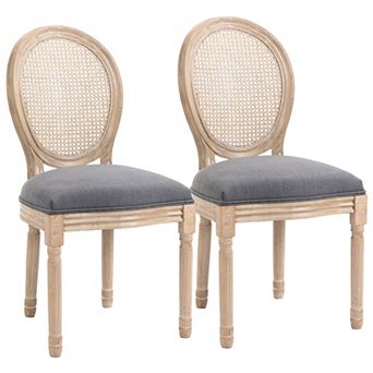 2 pc French-style Dining Accent Side Chairs Set W/ Rattan Back & Wood Legs Cream