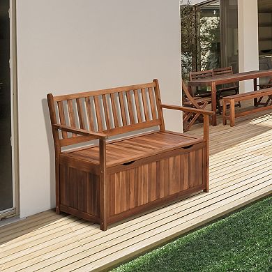 41 Gallon Outdoor Wooden Storage Bench With Lining For Garden Tools Toys, Teak