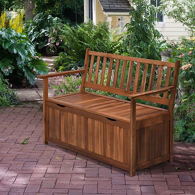 41 Gallon Outdoor Wooden Storage Bench With Lining For Garden Tools Toys, Teak