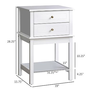 28" Modern End Table W/ 2 Storage Drawers & Bottom Shelf For Living Room, White