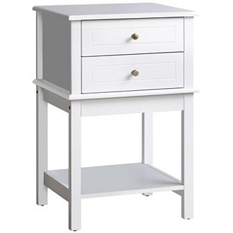 28" Modern End Table W/ 2 Storage Drawers & Bottom Shelf For Living Room, White