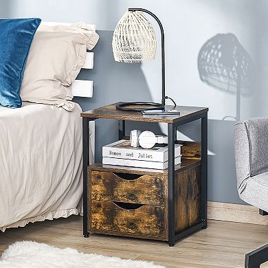 20" Side Table, Industrial End Table Organizer W/ Storage Drawers, Shelf, Brown