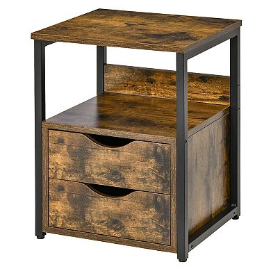 20" Side Table, Industrial End Table Organizer W/ Storage Drawers, Shelf, Brown