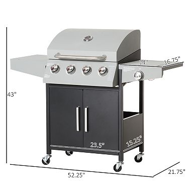 Outsunny 4+1 Burner Liquid Propane Gas Grill Outdoor Cabinet Style BBQ Trolley w/ Side Burner, Warming Rack, Side Shelf, Storage Cabinet, Thermometer, 4 Wheels, Carbon Steel, Silver