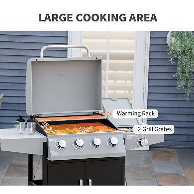 Outsunny 4+1 Burner Liquid Propane Gas Grill Outdoor Cabinet Style BBQ Trolley w/ Side Burner, Warming Rack, Side Shelf, Storage Cabinet, Thermometer, 4 Wheels, Carbon Steel, Silver