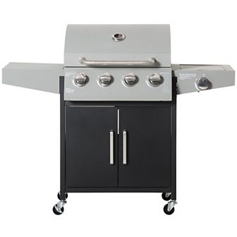 Outsunny 4+1 Burner Liquid Propane Gas Grill Outdoor Cabinet Style BBQ Trolley w/ Side Burner, Warming Rack, Side Shelf, Storage Cabinet, Thermometer, 4 Wheels, Carbon Steel, Silver
