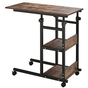 C-shaped Mobile Sofa Bed Side Table Adjust Height 3 tier Cart W/ Casters, Brake