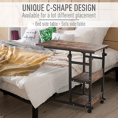 C-shaped Mobile Sofa Bed Side Table Adjust Height 3-tier Cart W/ Casters, Brake