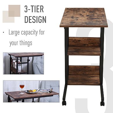 C-shaped Mobile Sofa Bed Side Table Adjust Height 3-tier Cart W/ Casters, Brake